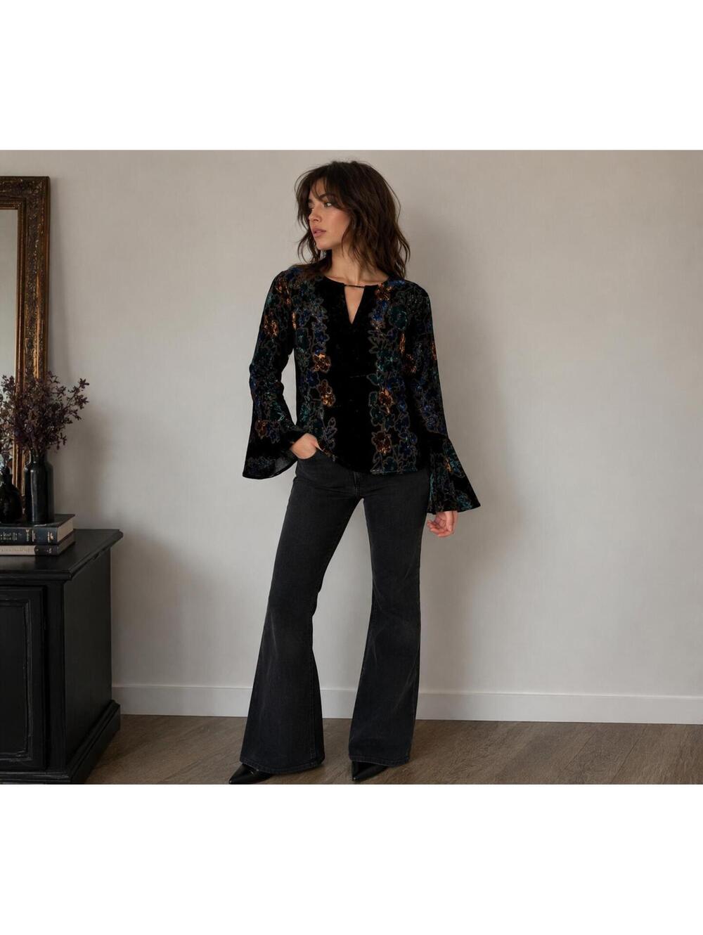 Calvin Klein Velvet Burnout Floral Bell Sleeve Top Dark Romance Boho Luxe Blouse